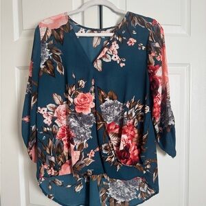 West Kei Floral Blouse - Teal and Coral